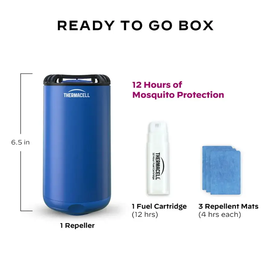 READY TO GO BOX THERMACELL 12 Hours of Mosquito Protection 6.5 in 12 nn Fue THERMACELL artrioe 1 Repeller 1 Fuel Cartridge 3 Repellent Mats (12 hrs) (4 hrs each)