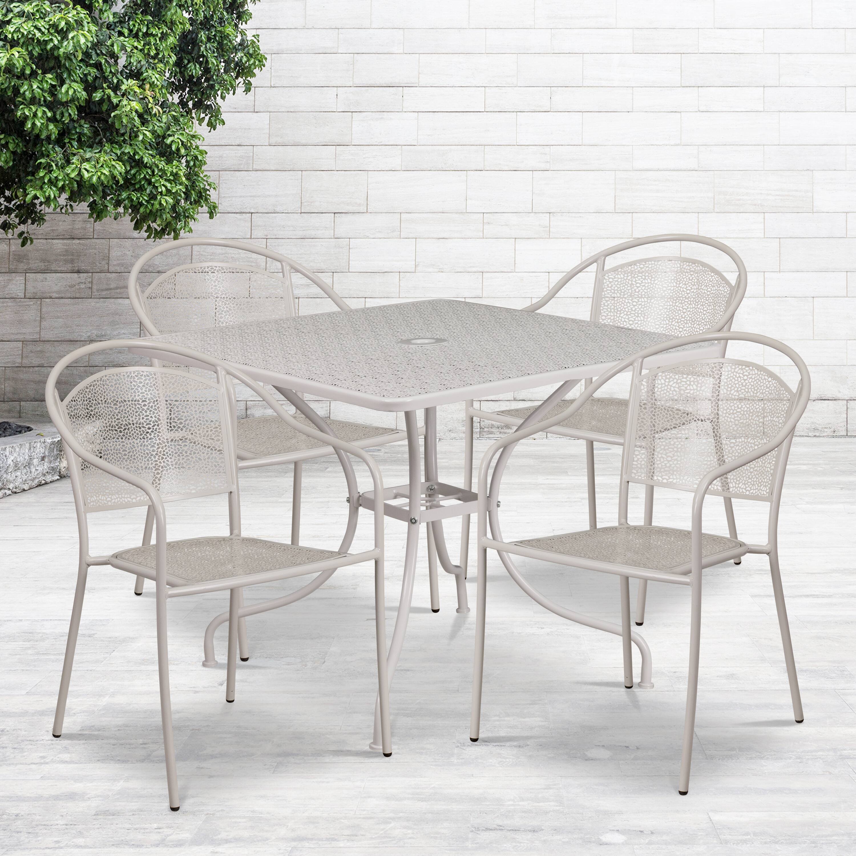Alt View 1. Emma + Oliver - Commercial 35.5" Square Metal Garden Patio Table Set w/ 4 Round Back Chairs - Light Gray.