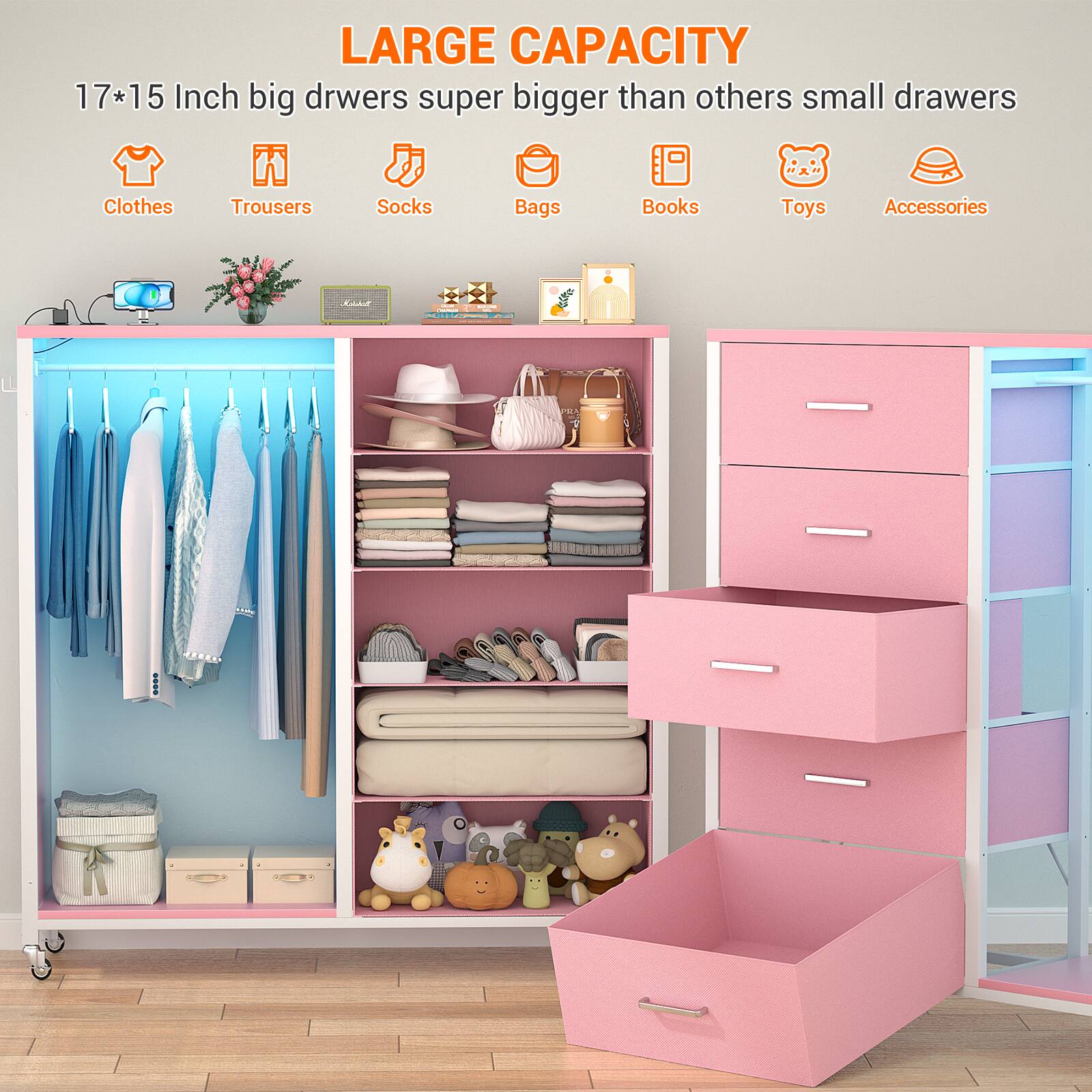 LARGE CAPACITY  
17*15 Inch big drawers super bigger than others small drawers  
Clothes  
Trousers  
Socks  
Bags  
Books  
Toys  
Accessories