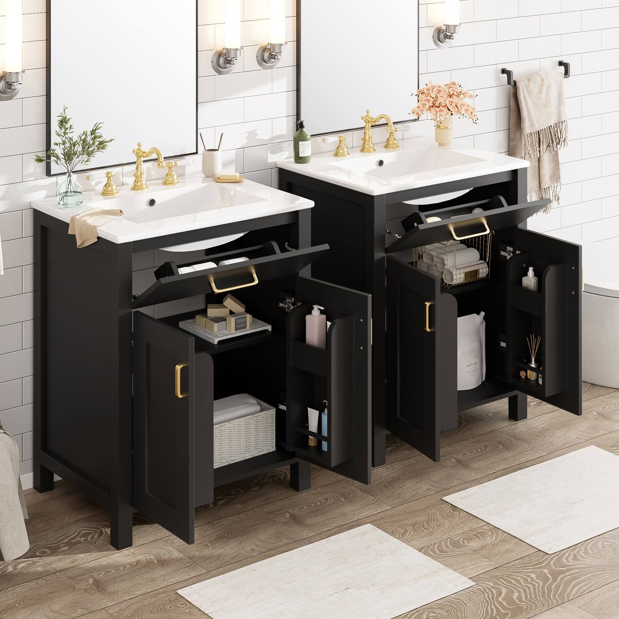 Alt View 4. Boyel Living - 48 Inch Double Bathroom Vanity with Dual Ceramic Sinks, Soft-Close Doors, Flip Drawer, Gold Handles, Adjustable Shelf - Black.