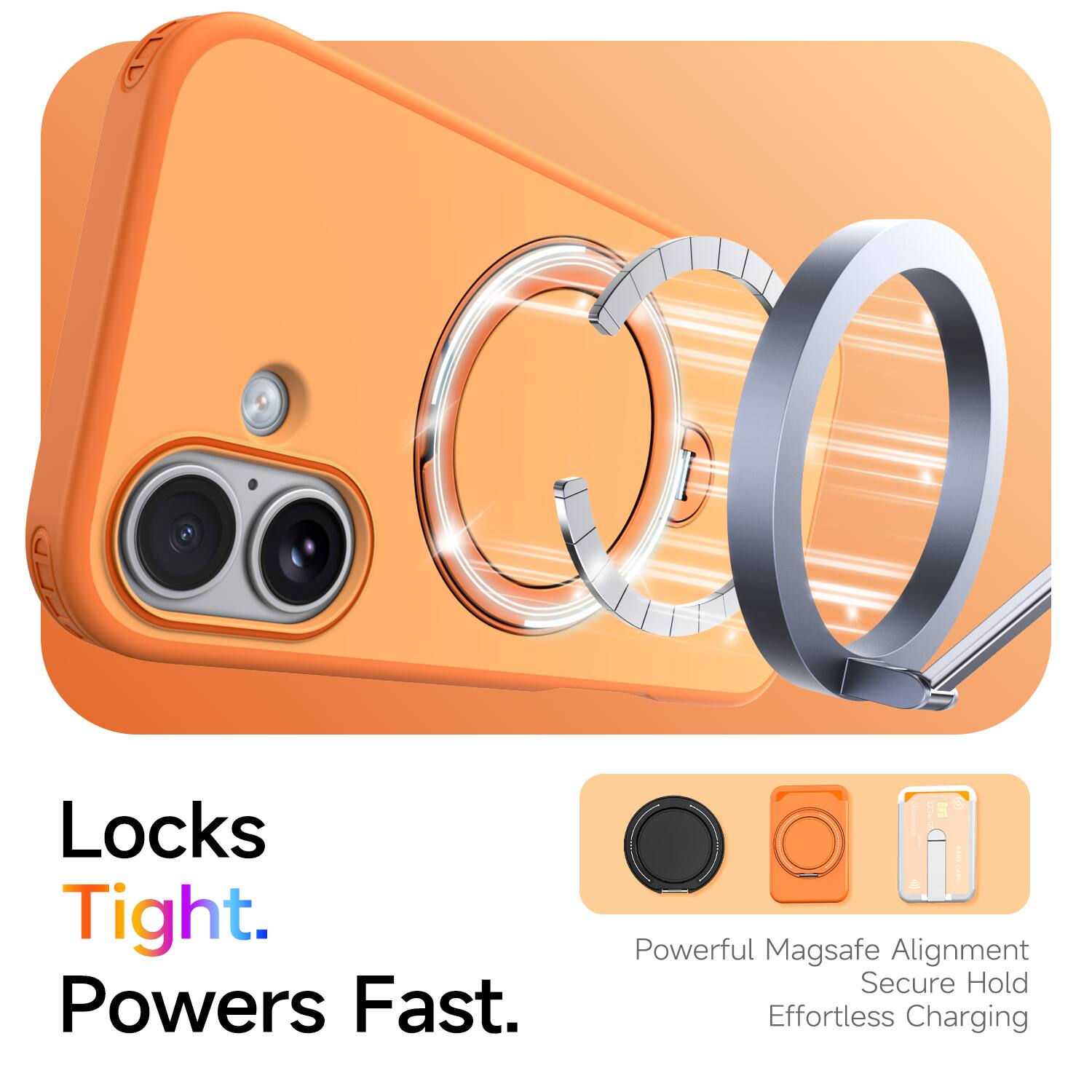 Locks Tight. Powers Fast.  
a: Powerful MagSafe Alignment Secure Hold Effortless Charging