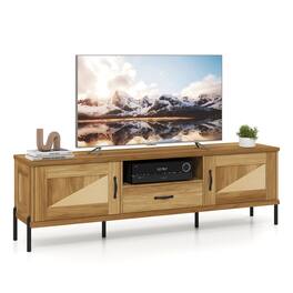 Costway - Rattan TV Stand for TVs up to 80" with 2 Storage Cabinets, Open Shelf & Drawer - Natural