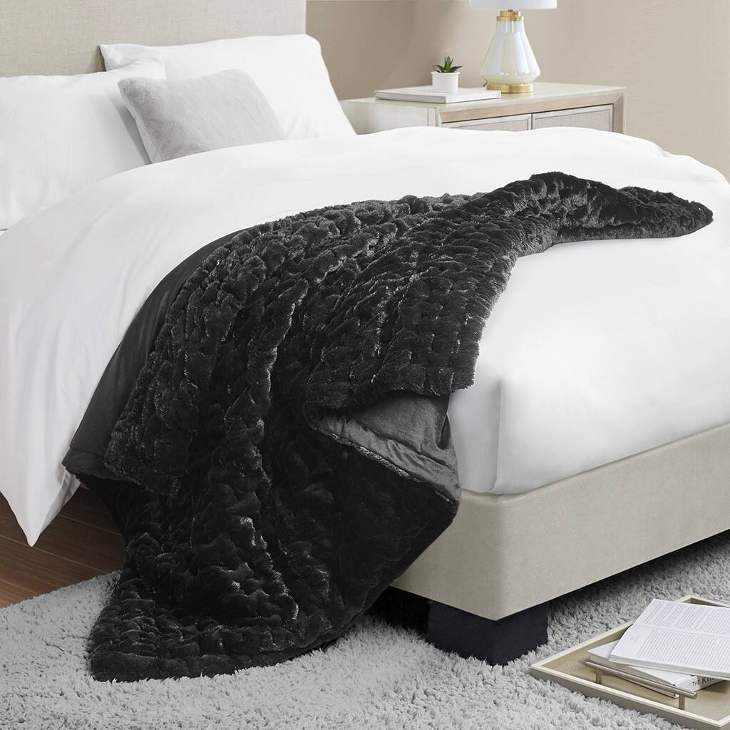 Alt View 2. Gracie Mills - Gracie Mills Ashlee Modern Solid Ruched Fur Throw Blanket - Black.