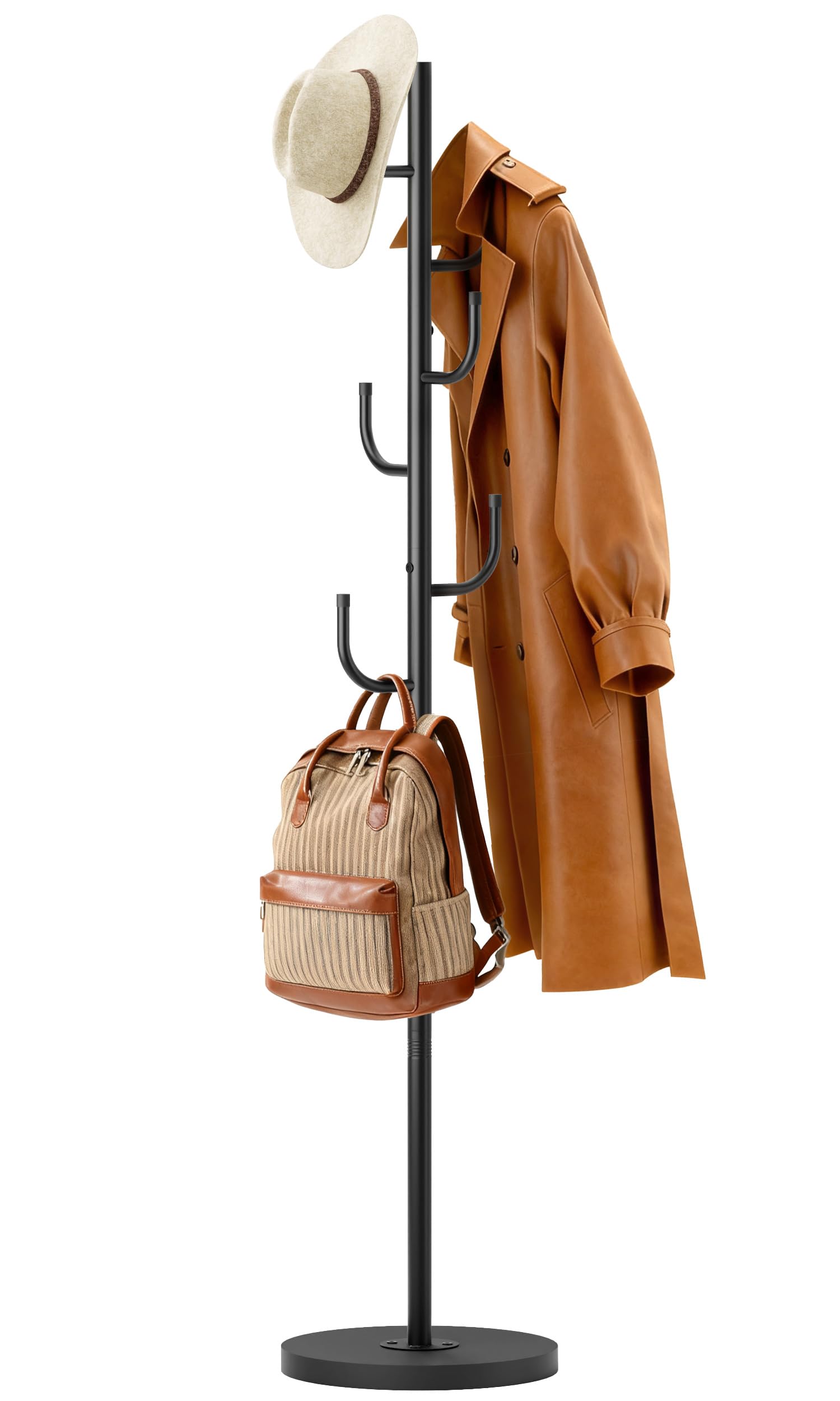 HM 1810 - Heavy Duty Coat Rack Freestanding 4 Adjustable Size Tree With Stable Wood Base Hanger Stand Standing Clothes - Black 6 Hooks