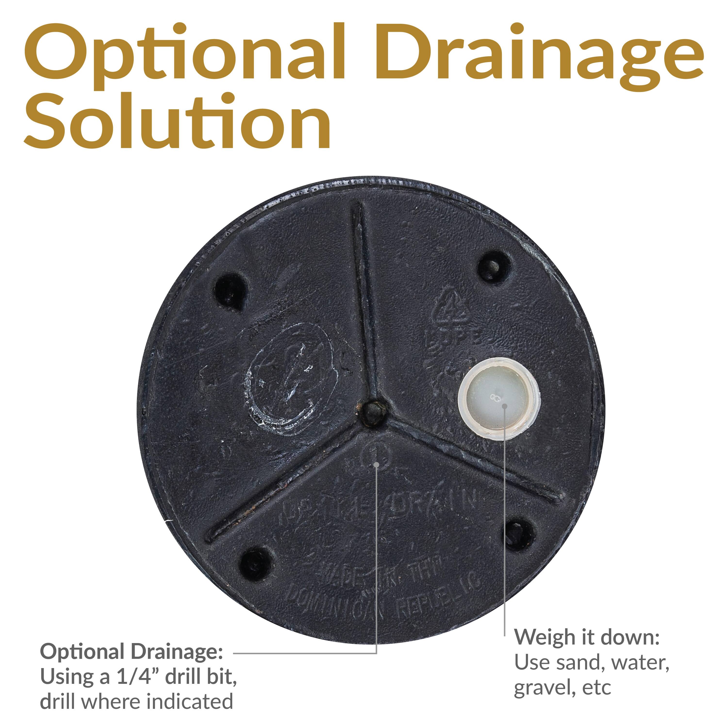 Optional Drainage Solution

Optional Drainage:
Using a 1/4" drill bit, drill where indicated

Weigh it down:
Use sand, water, gravel, etc
