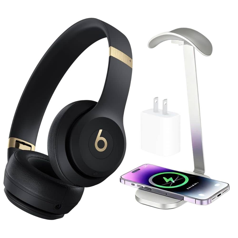 Beats - Solo 4 True Wireless On-Ear Headphones - Black & Gold + Power Adapter & Headphone Stand/Charging Pad