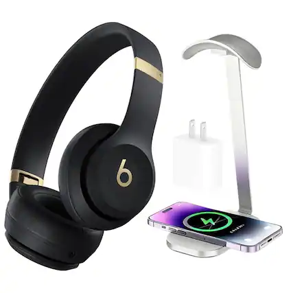 Front. Beats - Beats - Solo 4 True Wireless On-Ear Headphones - Black & Gold + Power Adapter & Headphone Stand/Charging Pad.