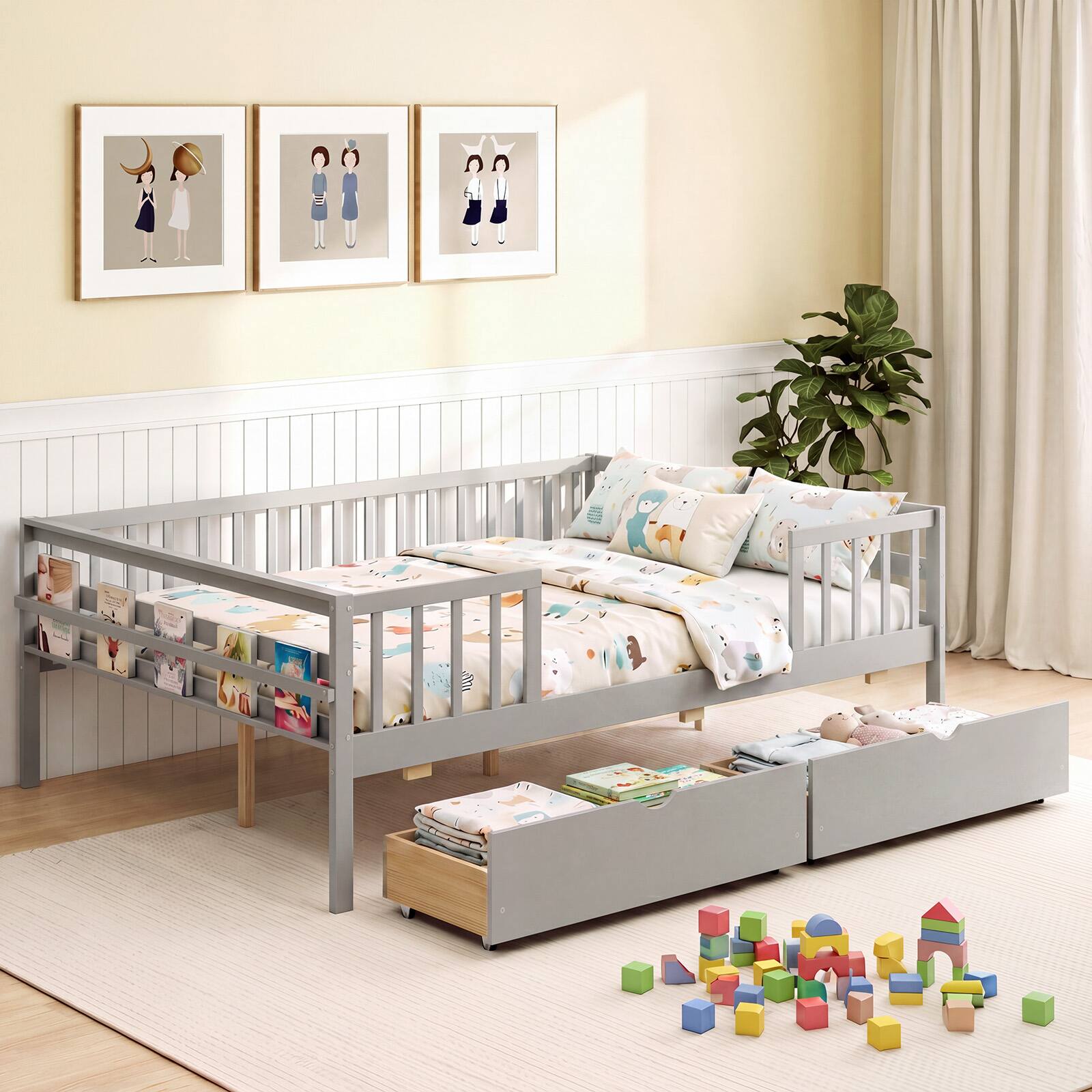 Alt View 5. Costway - Costway Full Size Daybed with Fence and 2 Drawers,Railings & Slats Support, Bed Frame - Gray.