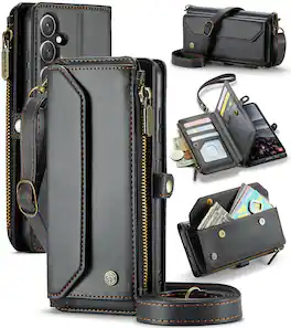 Dteck - Crossbody Wallet Case for Samsung Galaxy S25 FE with Card Slots and Zipper Pocket, RFID Blocking PU Leather Cover - Black