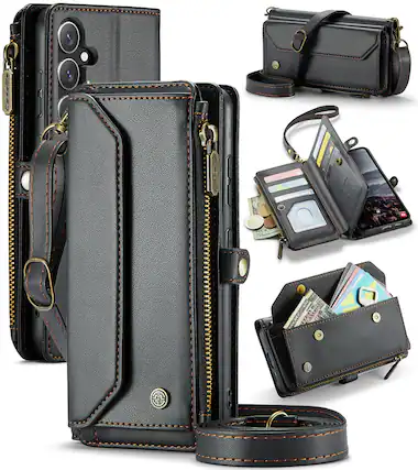Front. Dteck - Crossbody Wallet Case for Samsung Galaxy S25 FE with Card Slots and Zipper Pocket, RFID Blocking PU Leather Cover - Black.