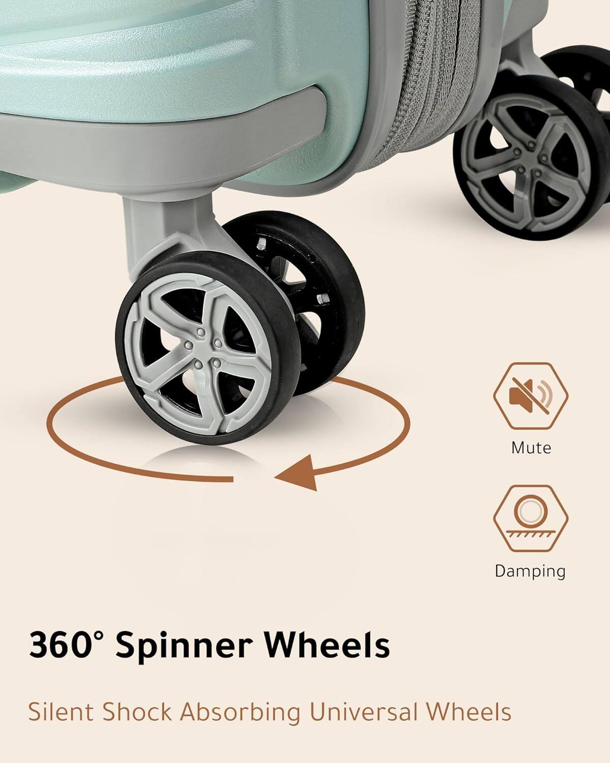 360° Spinner Wheels  
Silent Shock Absorbing Universal Wheels  

Mute  
Damping