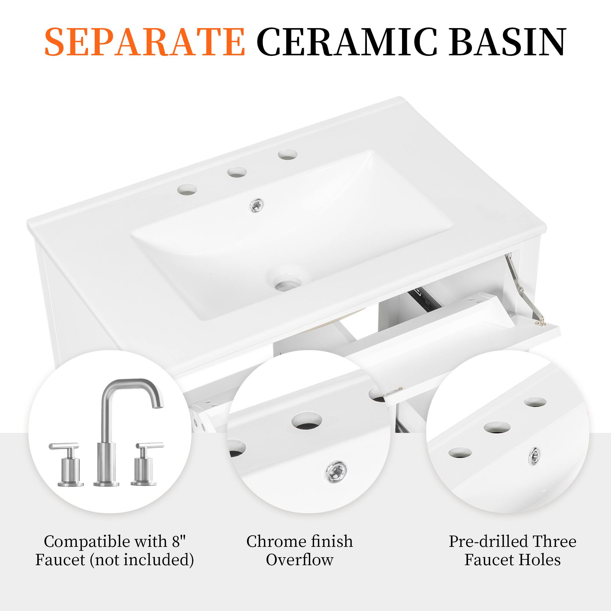 SEPARATE CERAMIC BASIN

- Compatible with 8" Faucet (not included)
- Chrome finish Overflow
- Pre-drilled Three Faucet Holes