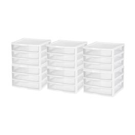 Sterilite - Clear Plastic Stackable Small 3 Drawer Storage System, White, (6 Pack)
