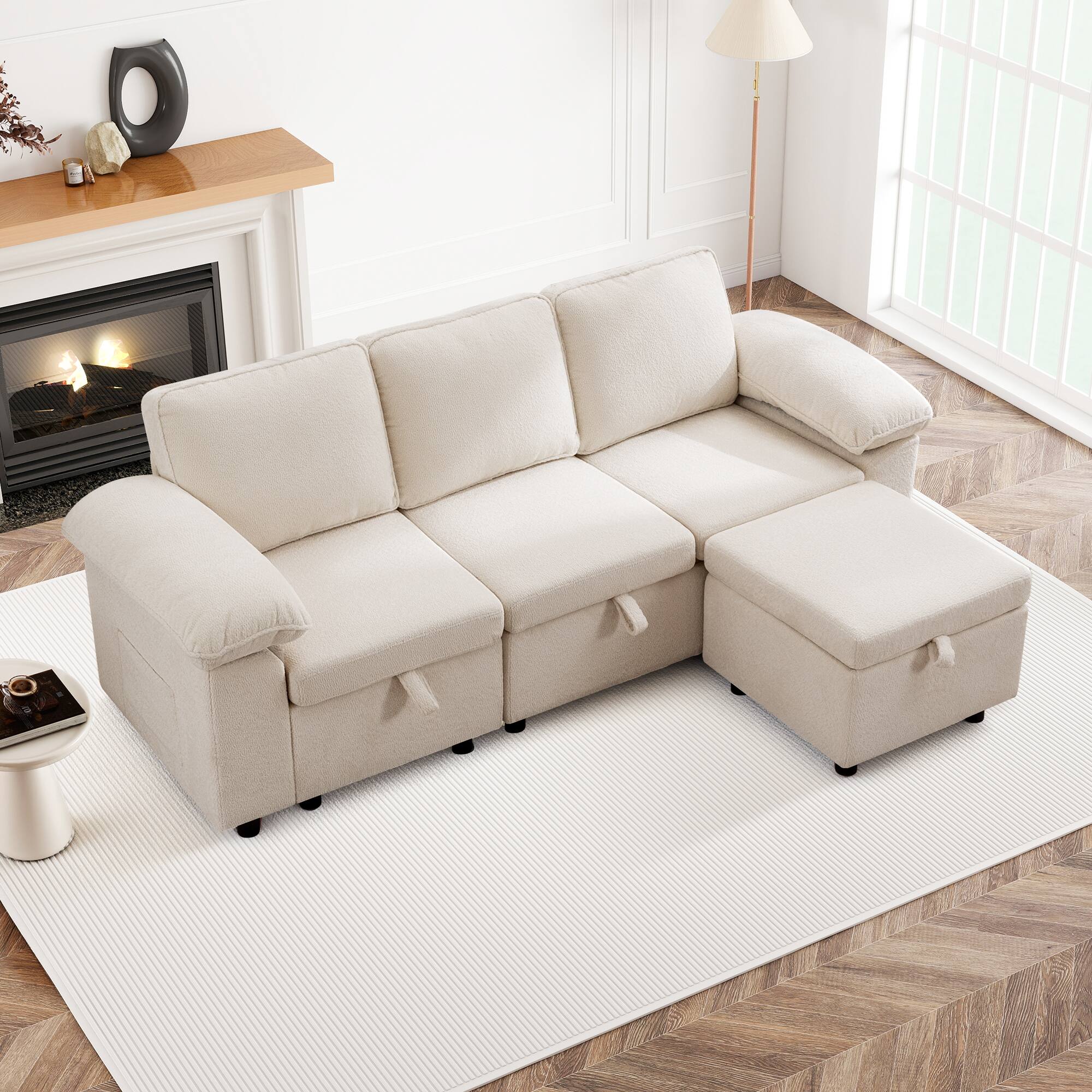 Angle. Brick Attic - 4 to 7 Seat Modular Pull Out Sofa Bed with Storage Ottoman Washable Covers and Side Pockets for Living Room - WH-4 Seat - Ottoman.
