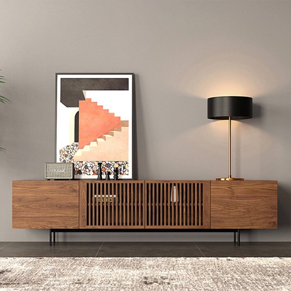 Angle. POVISON - 71" Modern Wood TV Stand, Minimalist Slatted Media Console with Tall-cast Metal Legs, Walnut Veneer - Walnut.