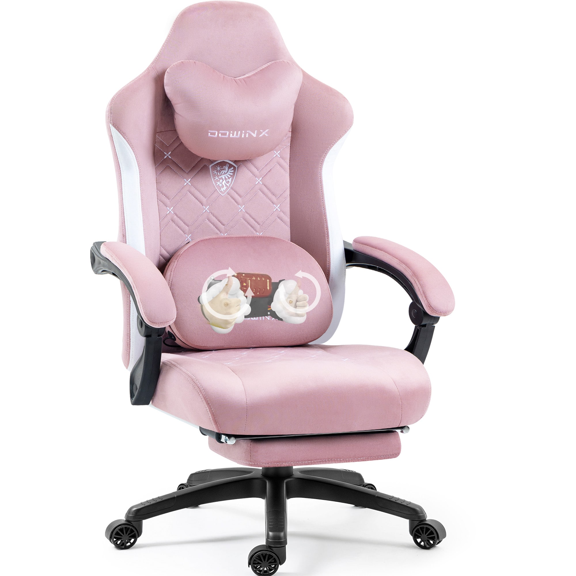 Dowinx - Gaming Chair Fabric with Heated Massage Lumbar Support, Big and Tall Ergonomic Game Chair for Adults with Footrest - Pink