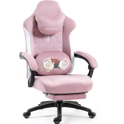Front. Dowinx - Gaming Chair Fabric with Heated Massage Lumbar Support, Big and Tall Ergonomic Game Chair for Adults with Footrest - Pink.