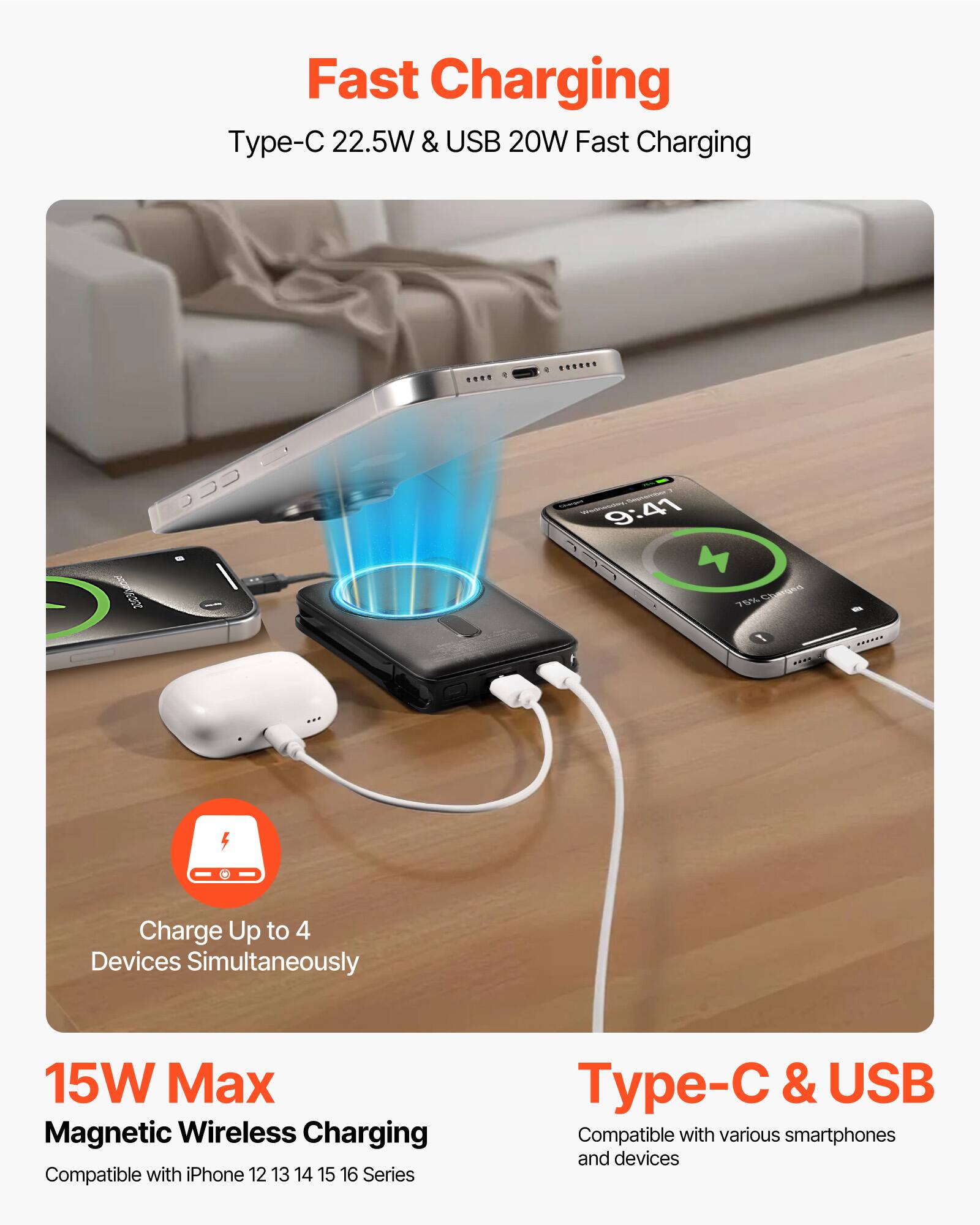 Fast Charging  
Type-C 22.5W & USB 20W Fast Charging  

Charge Up to 4 Devices Simultaneously  

15W Max Magnetic Wireless Charging  
Compatible with iPhone 12 13 14 15 16 Series  

Type-C & USB  
Compatible with various smartphones and devices