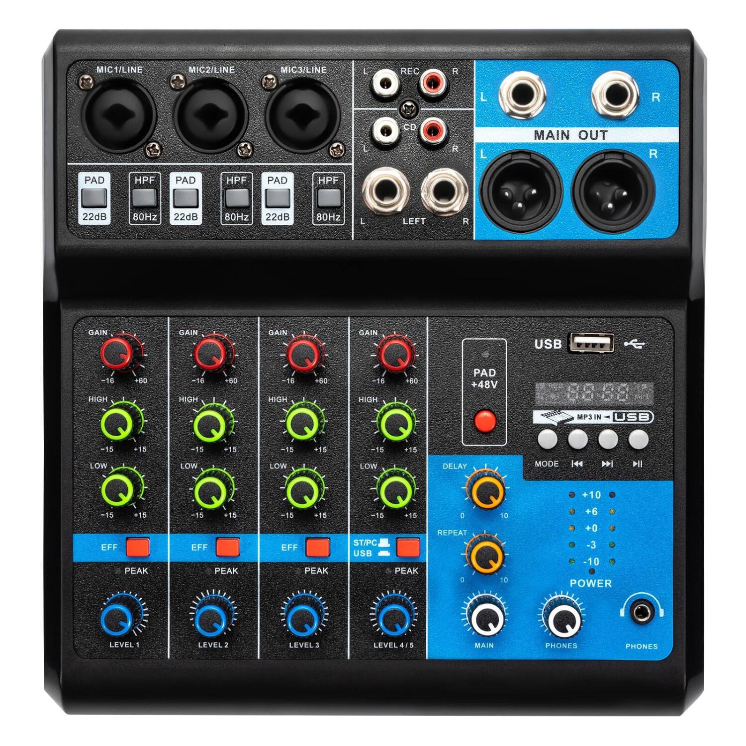 MIC1/LINE MIC2/LINE MIC3/LINE
L REC R L R L CD R L MAIN OUT R
PAD HPF PAD HPF PAD HPF
22dB 80Hz 22dB 80Hz 22dB 80Hz
L LEFT R
GAIN GAIN GAIN GAIN
USB -16 HIGH 60 16 HIGH 60 16 HIGH -60 16 HIGH -60
PAD +48V MP3 IN USB -15 +15 -15 +15 15 +15 -15 +15
LOW LOW LOW LOW
DELAY MODE 144
l +10 -15 +15 EFF PEAK -15 +15 EFF PEAK 15 -15 EFF PEAK -15 15
ST/PC USB PEAK a REPEAT : 10 10 +6 0+ -3 -10
POWER LEVEL LEVEL 2 LEVEL LEVEL 415
MAIN PHONES PHONES