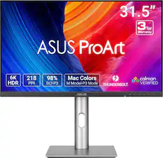 ASUS ProArt
31.5"
3 Year Warranty
6K HDR
218 PPI
98% DCI-P3
Mac Colors
M Model-P3 Mode
THUNDERBOLT
calman VERIFIED