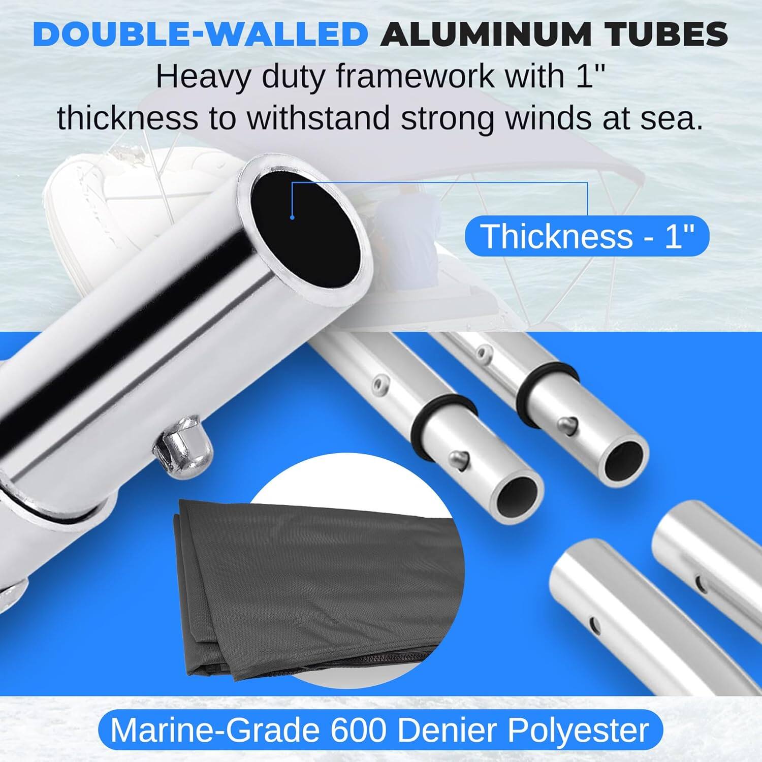 DOUBLE-WALLED ALUMINUM TUBES  
Heavy duty framework with 1" thickness to withstand strong winds at sea.  
Thickness - 1"  
Marine-Grade 600 Denier Polyester