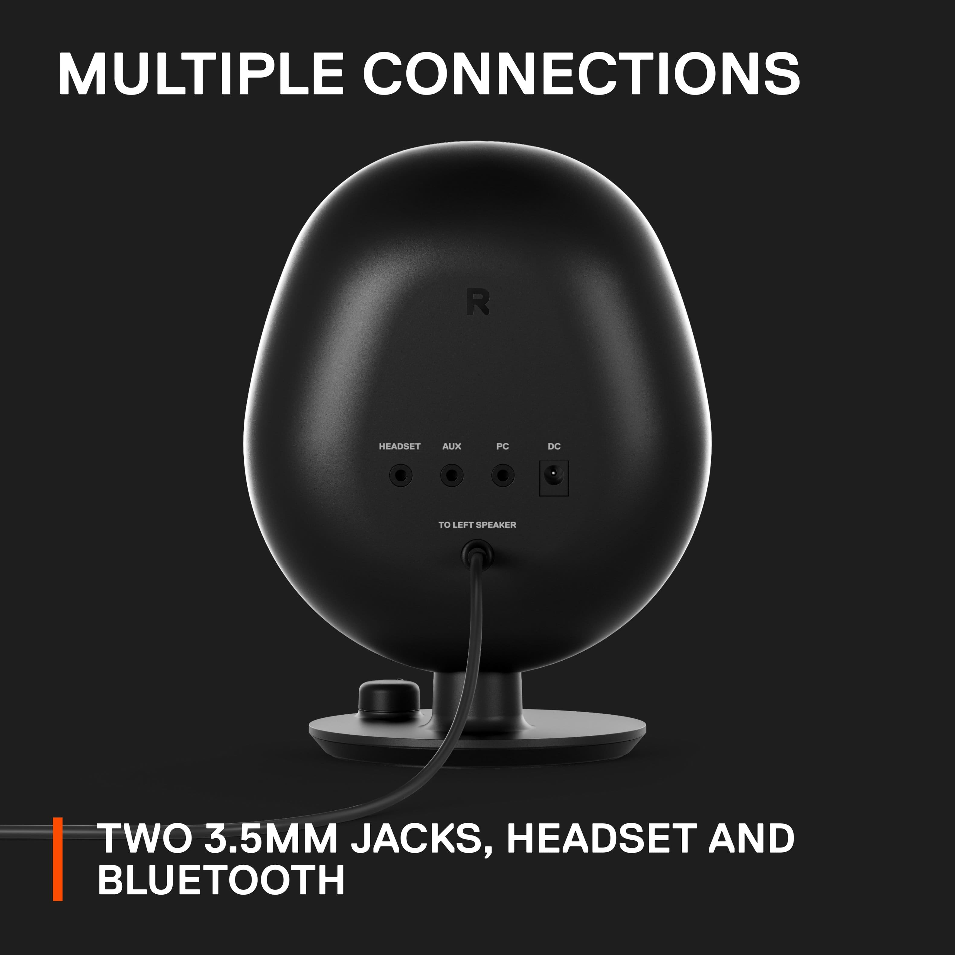 Multiple connections headset aux pc dc to left speaker two 3.5mm jacks, headset and Bluetooth.