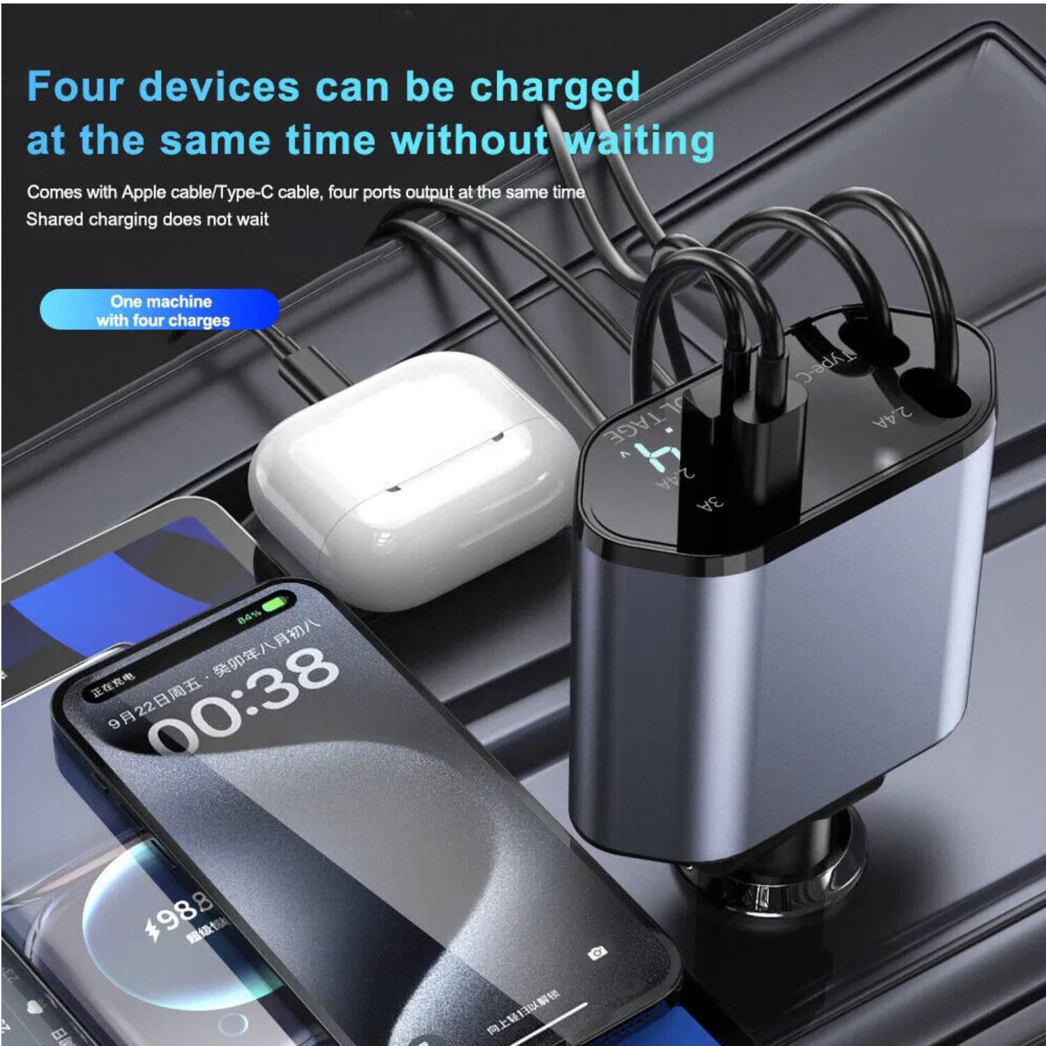 Four devices can be charged at the same time without waiting

Comes with Apple cable/Type-C cable, four ports output at the same time
Shared charging does not wait

One machine with four charges

LTAGE A 24A - 2.4A 84% 922 9 00:38 A 988 D