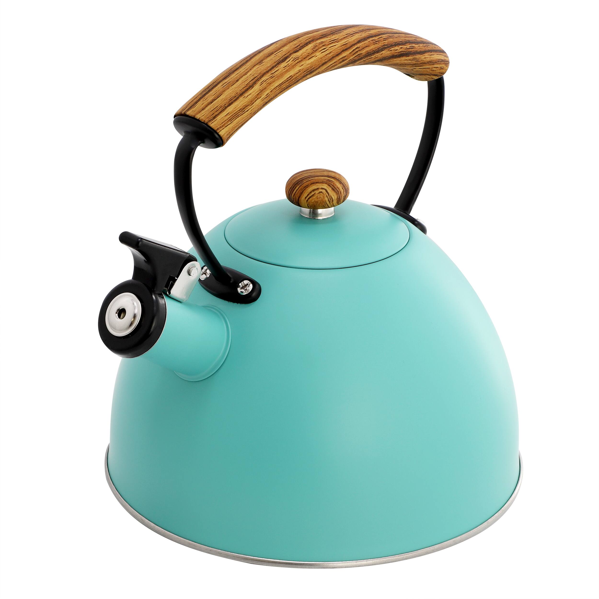 Angle. MegaChef - MegaChef 3.2 Quart Whistling Tea Kettle with Wood Grain Nylon Cool Touch Handle, Matte Turquoise - Turquoise.