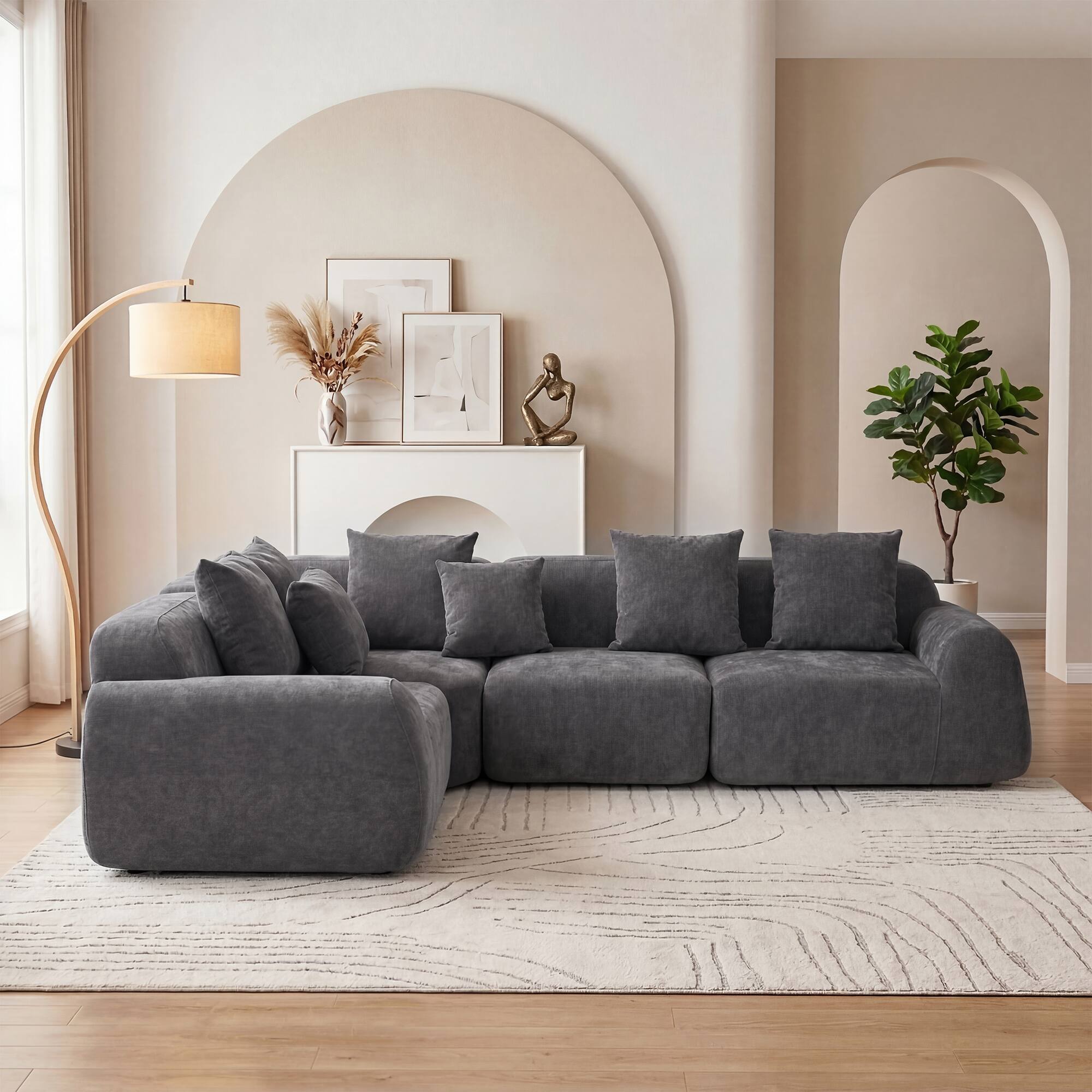 Angle. Anysun - Oversized Cloud Velvet Curved Sectional Couch – 118" Boneless Couch with L-Shape Chaise, Upholstered Compression - Grey.