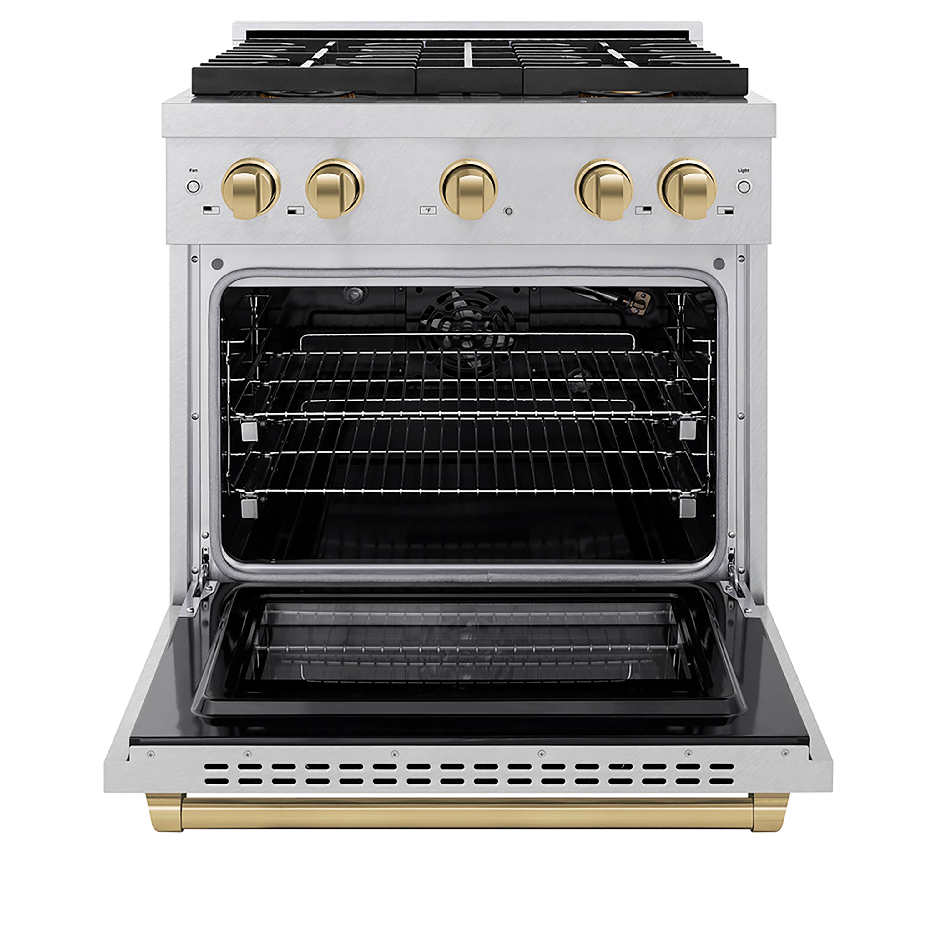 Angle. ZLINE - ZLINE Autograph 30 in. 4.2 cu. ft. Freestanding Paramount Gas DuoPro Range in Satin Steel and Champagne Bronze Accents - Stainless Steel.