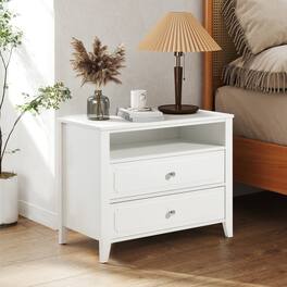 U-HOMY - Modern 2-Drawer Nightstand with Open Shelf, Wide Bedside Table with Solid Wood Legs for Bedroom Storage - White