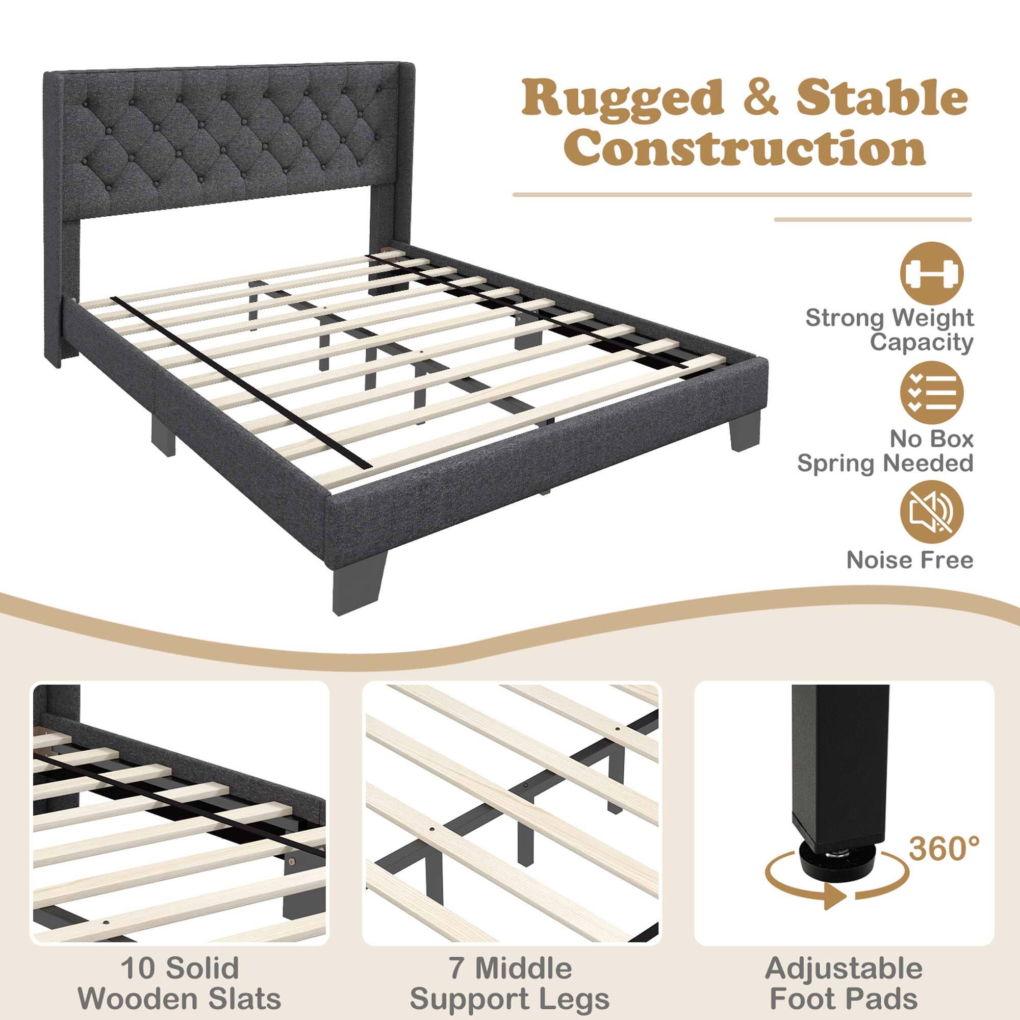Rugged & Stable Construction

- Strong Weight Capacity
- No Box Spring Needed
- Noise Free

10 Solid Wooden Slats

7 Middle Support Legs

Adjustable Foot Pads

360°