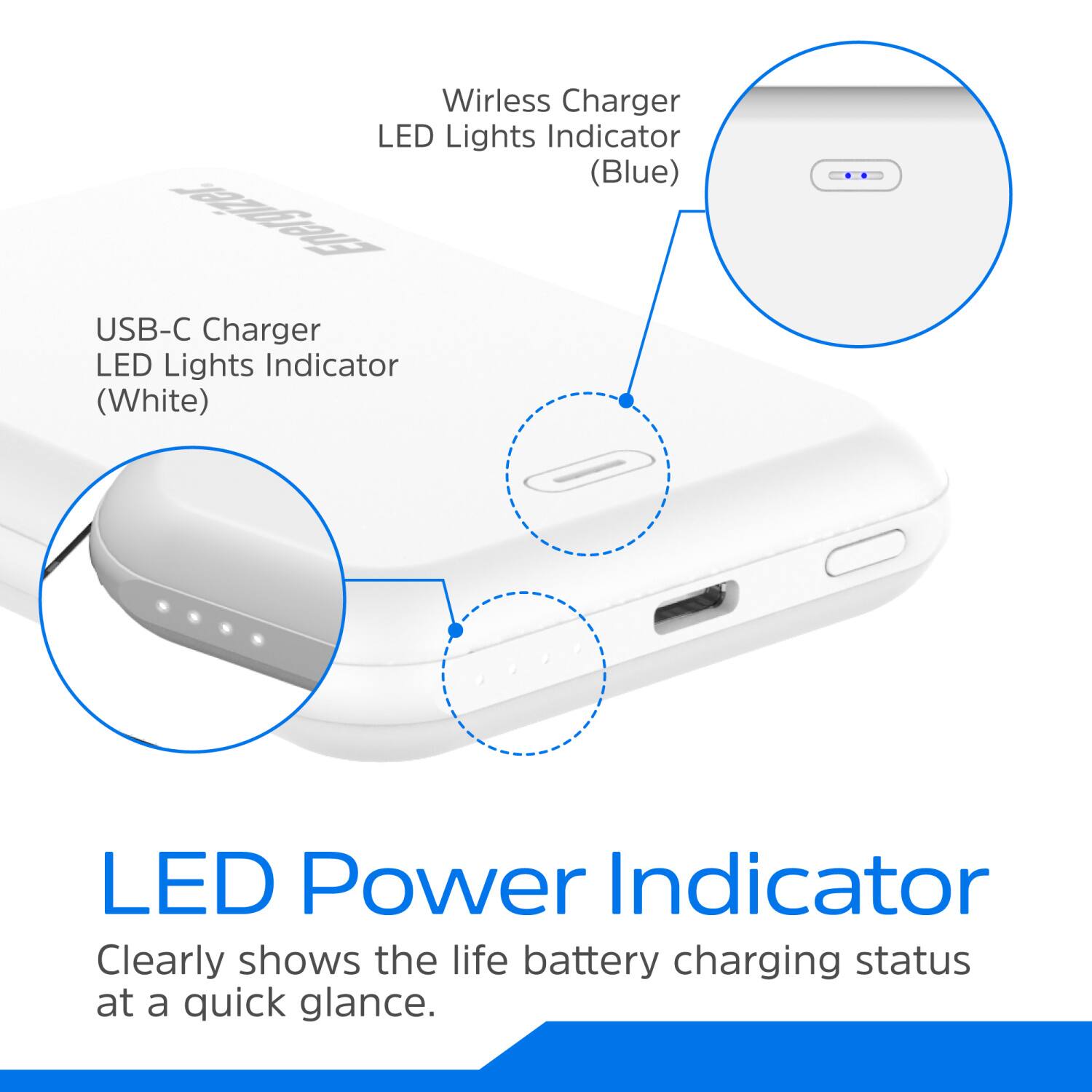 Wireless Charger LED Lights Indicator (Blue), USB-C Charger LED Lights Indicator (White), LED Power Indicator, Clearly shows the life battery charging status at a quick glance.