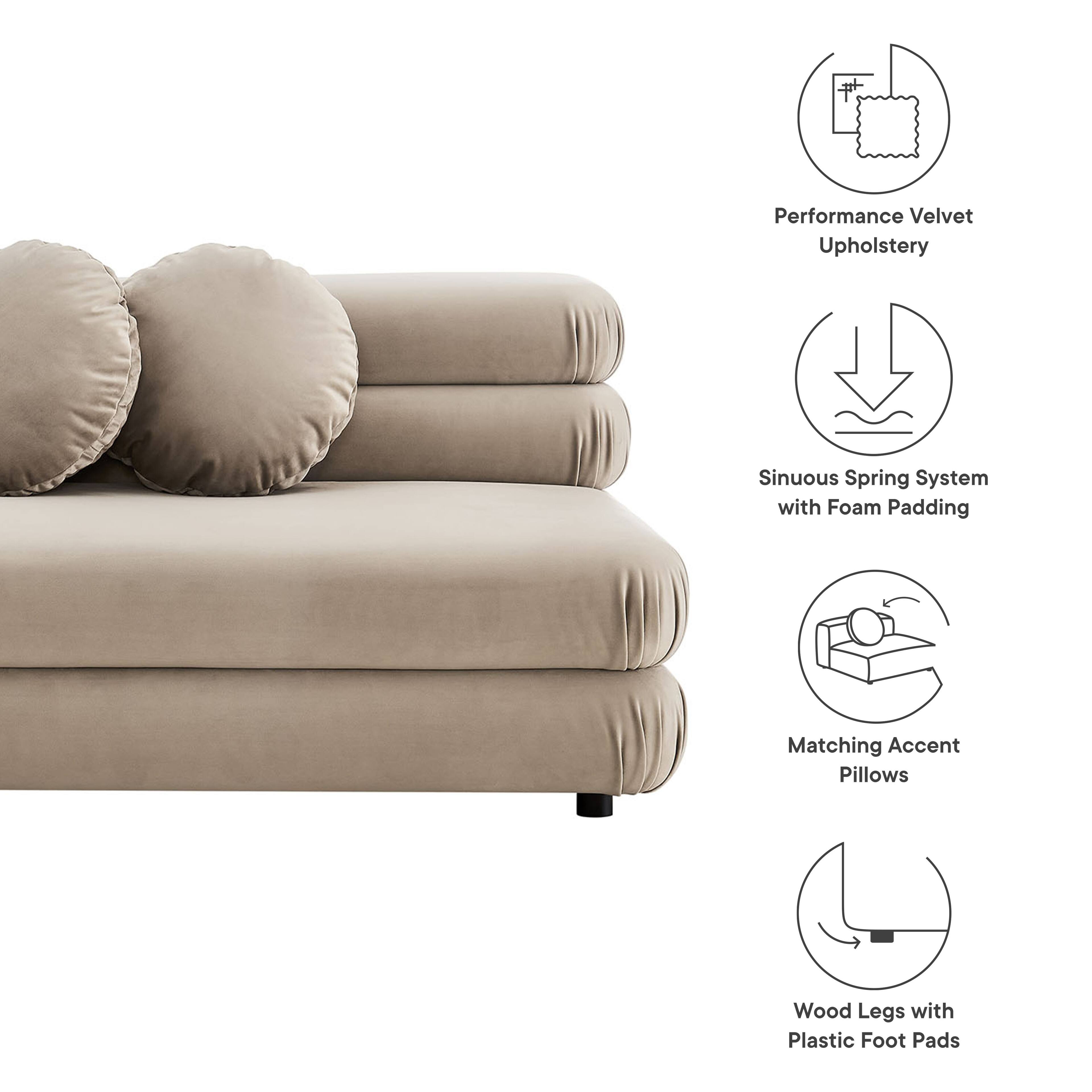 Performance Velvet Upholstery  
Sinuous Spring System with Foam Padding  
Matching Accent Pillows  
Wood Legs with Plastic Foot Pads