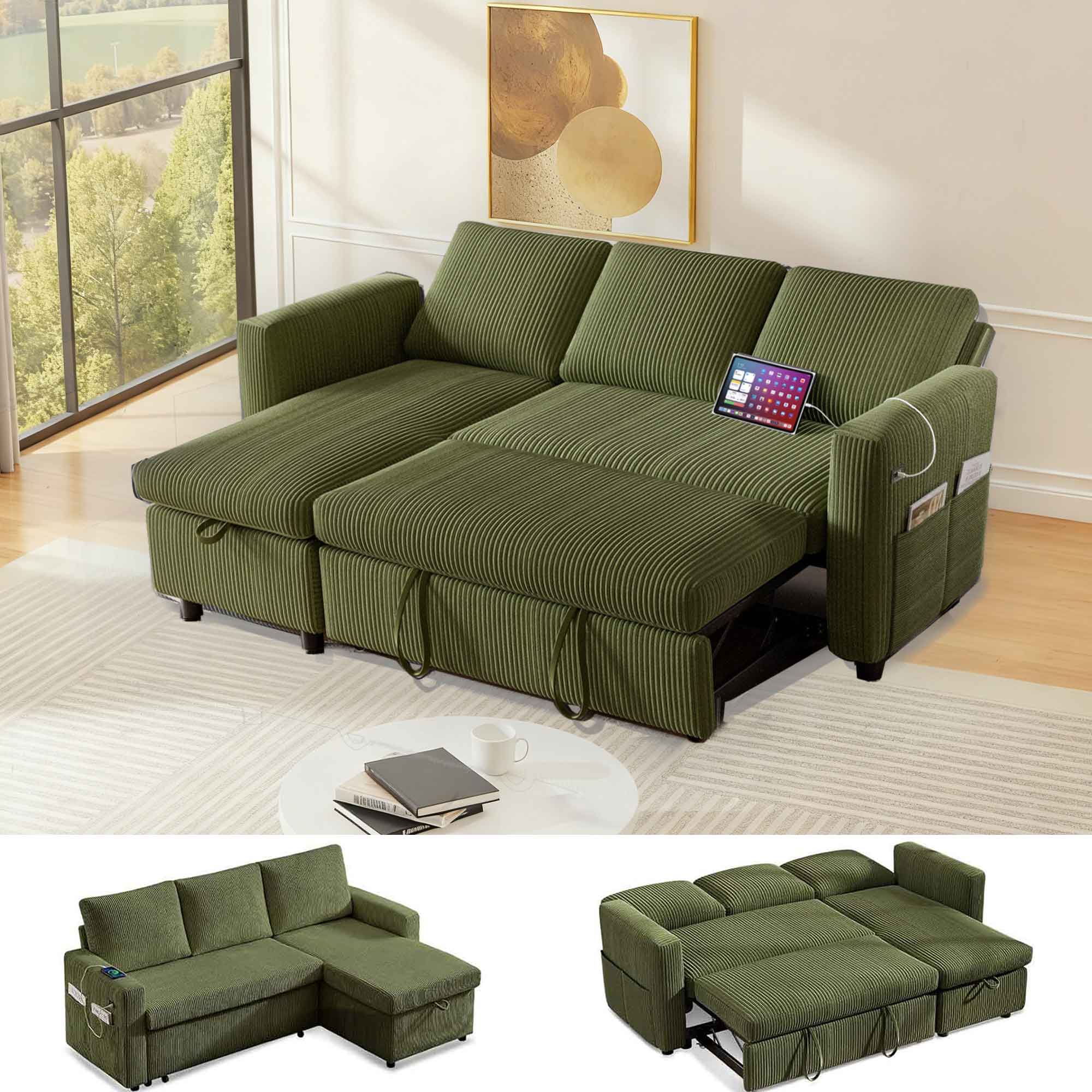 Front. Dyonery - Dyonery 81" Sleeper Sofa Bed with Pull Out Bed L Shaped Couch Sectional Sleeper Sofa Green - Green.