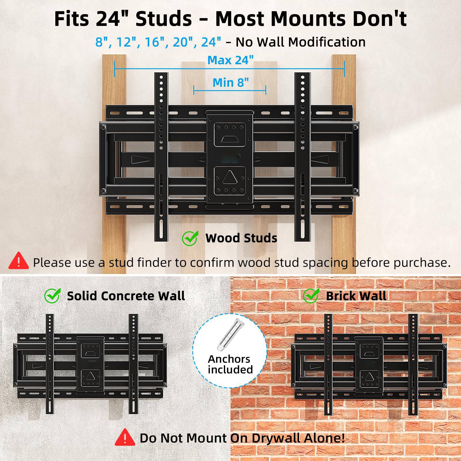 Fits 24" Studs - Most Mounts Don't  
8", 12", 16", 20", 24" - No Wall Modification  
Max 24"  
Min 8"  

Wood Studs  
Please use a stud finder to confirm wood stud spacing before purchase.  

Solid Concrete Wall  
Brick Wall  
Anchors included  

Do Not Mount On Drywall Alone!