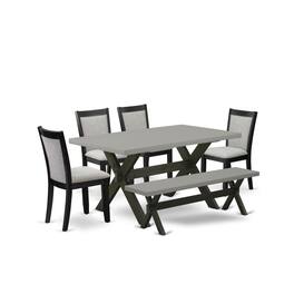 East West Furniture - 6 Piece Kitchen Table Set - A Cement Top Kitchen Table with Small Wood Bench and 4 Shitake Linen - Multi-Color