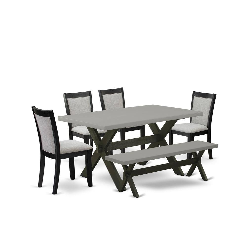 East West Furniture - 6 Piece Kitchen Table Set - A Cement Top Kitchen Table with Small Wood Bench and 4 Shitake Linen - Multi-Color