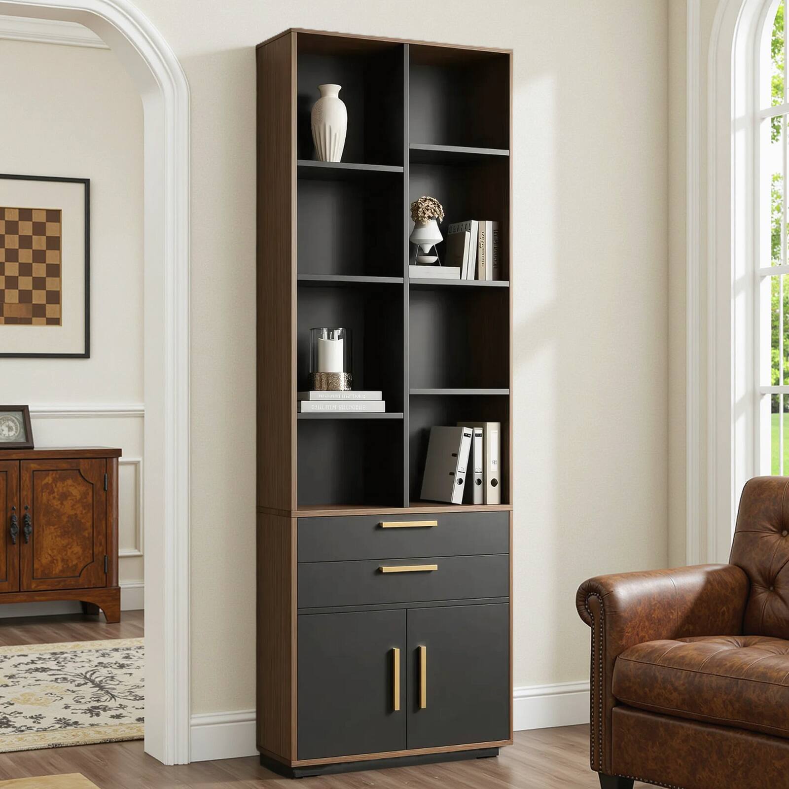 Front. ModernMate - 73.3" Tall Black Walnut Bookcase with 8 Storage Cubes, 2 Drawers and Doors - Black Walnut.