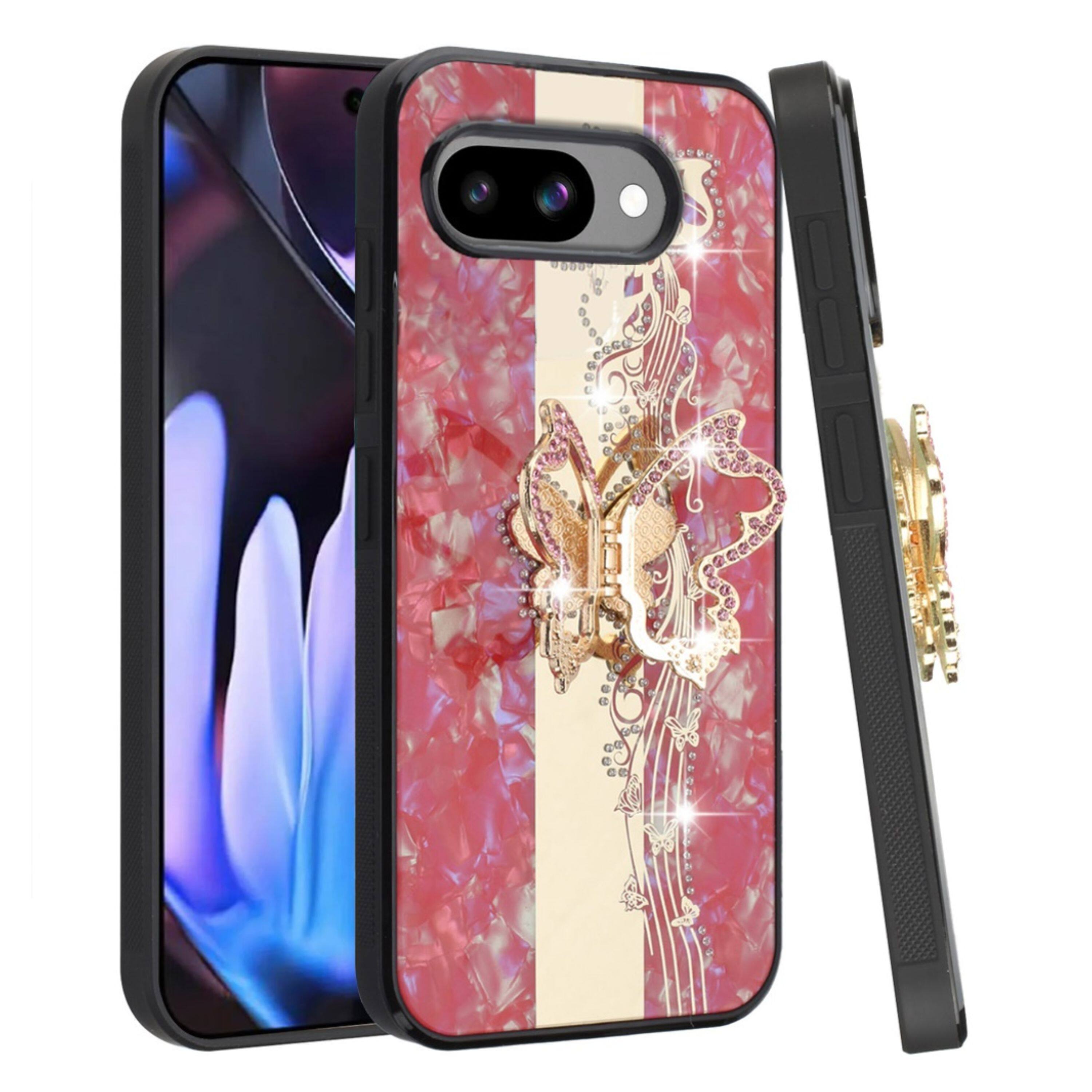 Angle. Kitcheniva - Butterfly Rhinestone Bling Glitter Design Phone Case With Tempered Glass For Google Pixel 9a Red - Red.