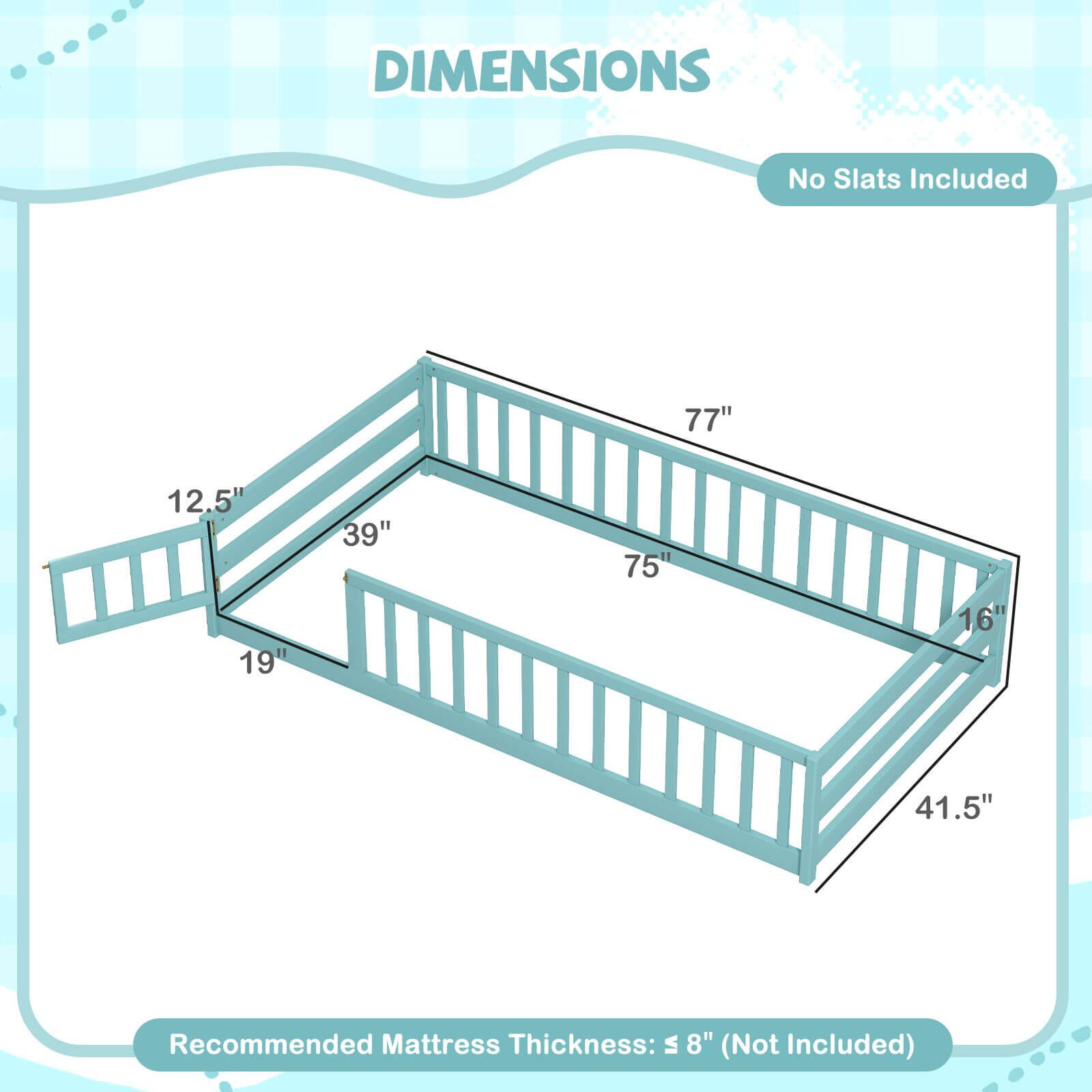 DIMENSIONS  
No Slats Included  

77"  
12.5"  
19"  
39"  
75"  
16"  
41.5"  

Recommended Mattress Thickness: ≤ 8" (Not Included)