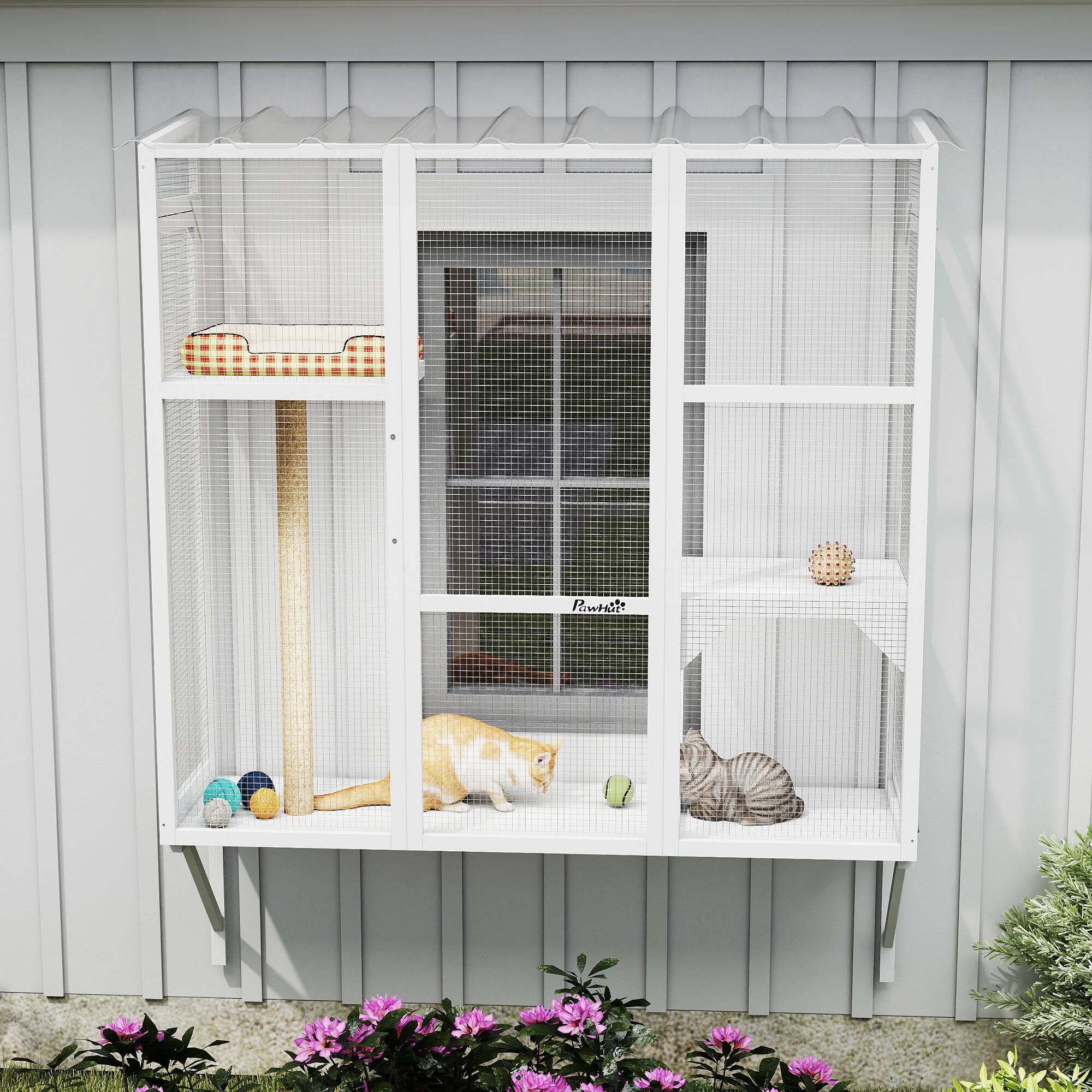 Alt View 8. Pawhut - Outdoor, Window Catio for 2-3 Large Indoor Cats w/ 2 Jumping Platforms, Scratching Post - White.