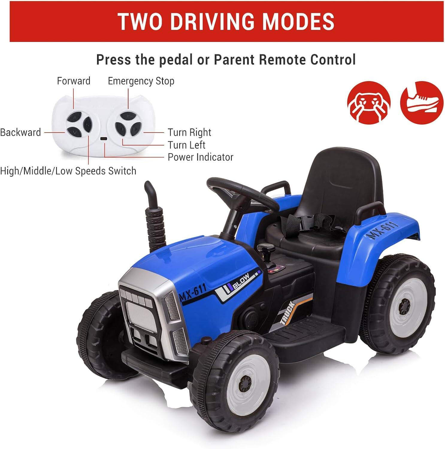 TWO DRIVING MODES

Press the pedal or Parent Remote Control

- Forward
- Emergency Stop
- Backward
- High/Middle/Low Speeds Switch
- Turn Right
- Turn Left
- Power Indicator

X-611 MX-611

BLOW TRUCK