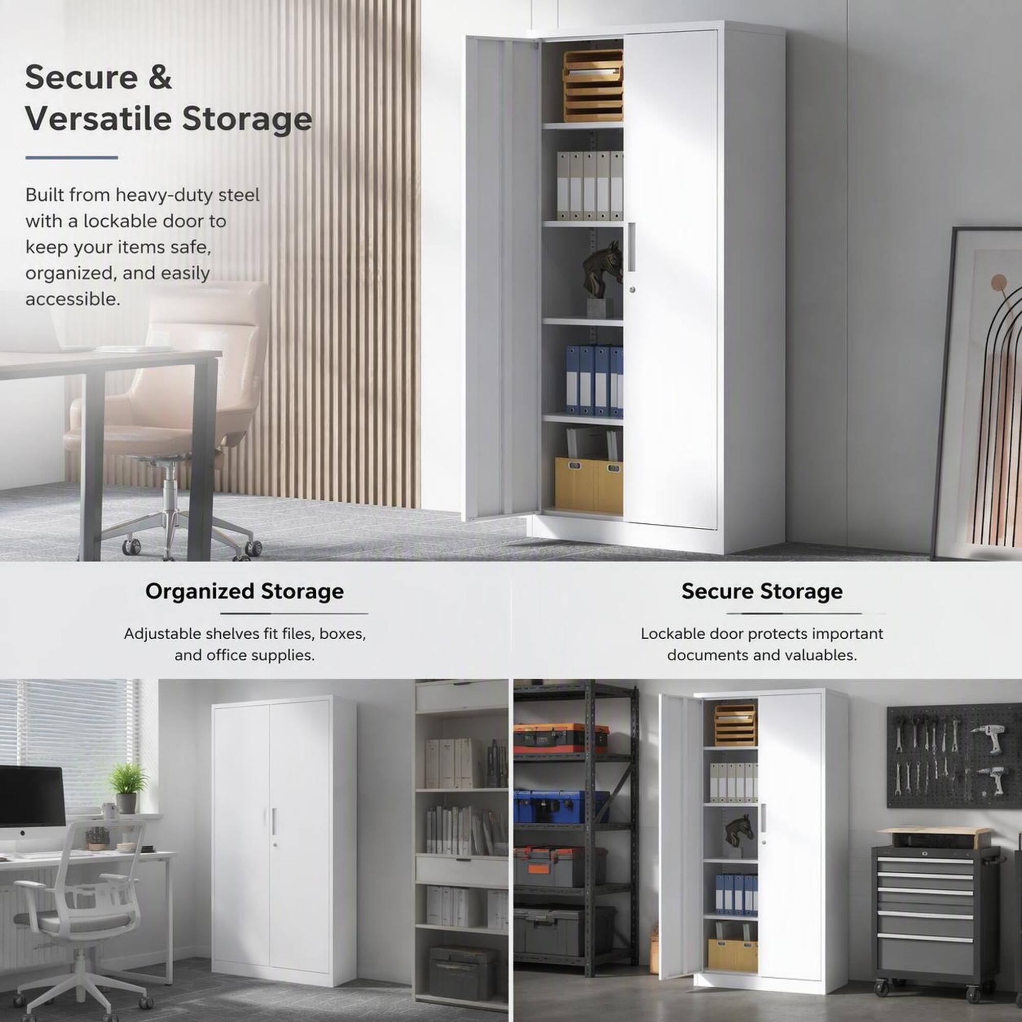Secure & Versatile Storage

Built from heavy-duty steel with a lockable door to keep your items safe, organized, and easily accessible.

Organized Storage

Adjustable shelves fit files, boxes, and office supplies.

Secure Storage

Lockable door protects important documents and valuables.