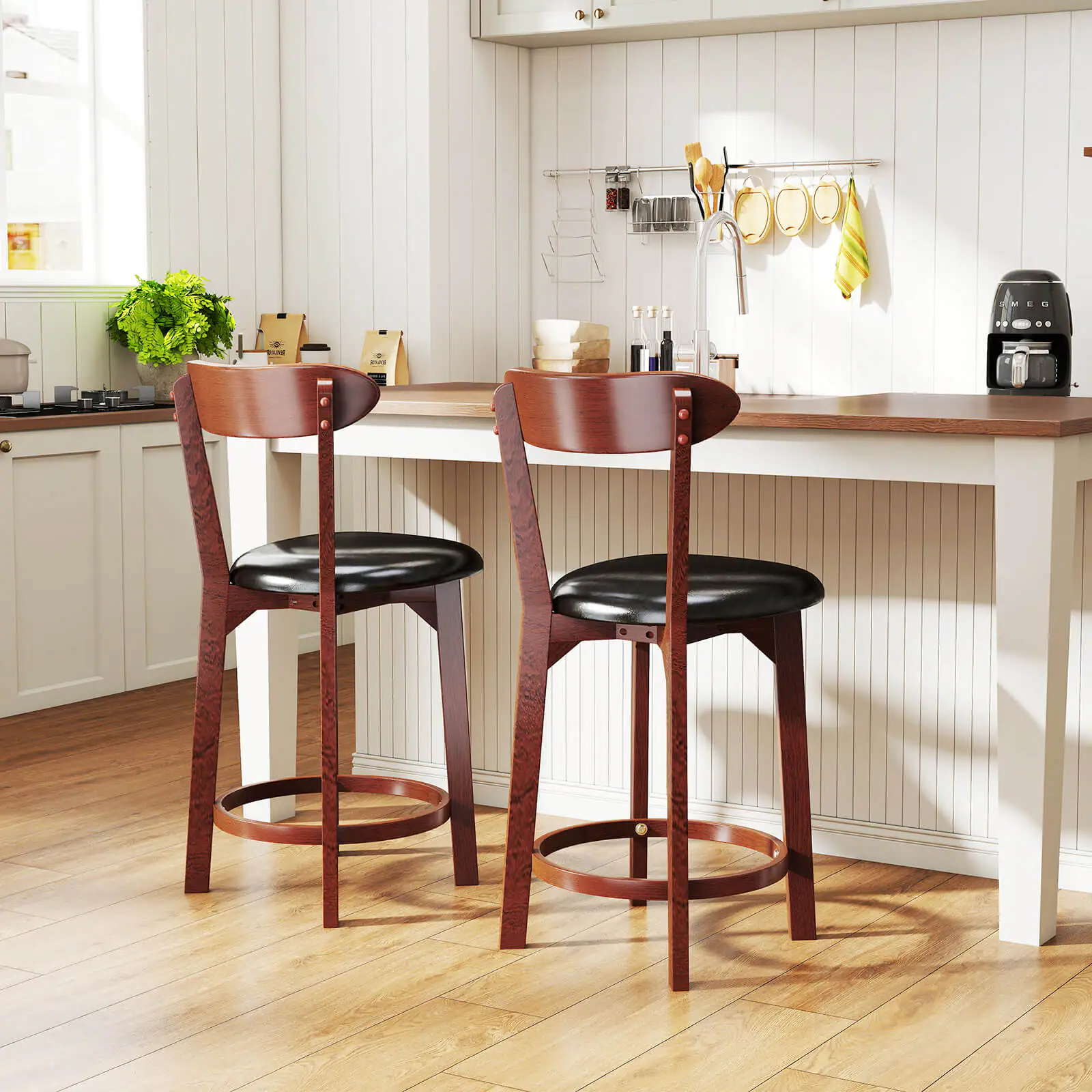 Alt View 1. Costway - Costway 23.5" Bar Stool Set of 2 with Curved Backrest & Footrest Counter Height Stools - Walnut,Black.