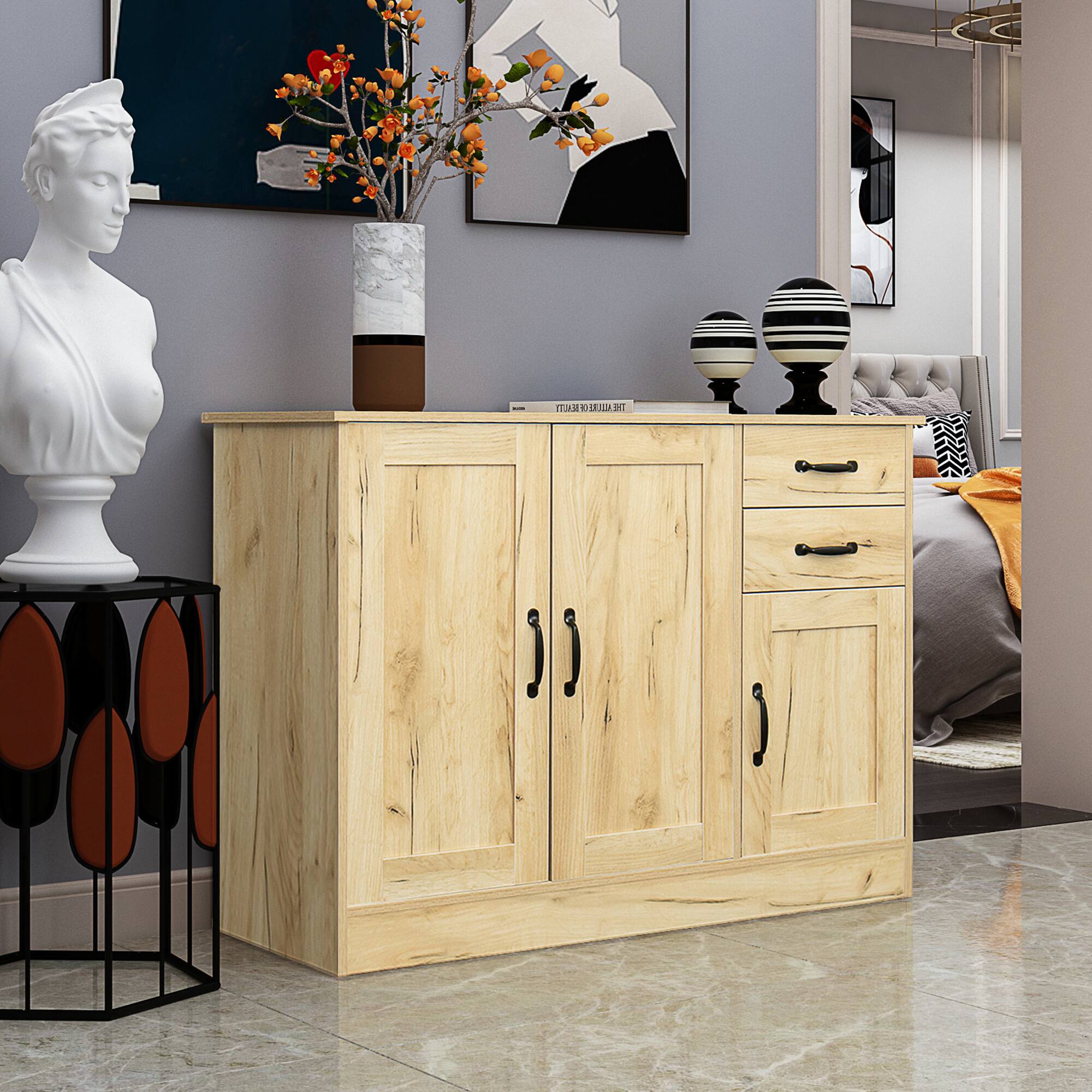 Angle. Spaco - Spaco 43.3 Inch Modern Wood Buffet Cabinet with 2 Doors and 2 Drawers, Storage Sideboard for Dining Room Entryway - Oak.