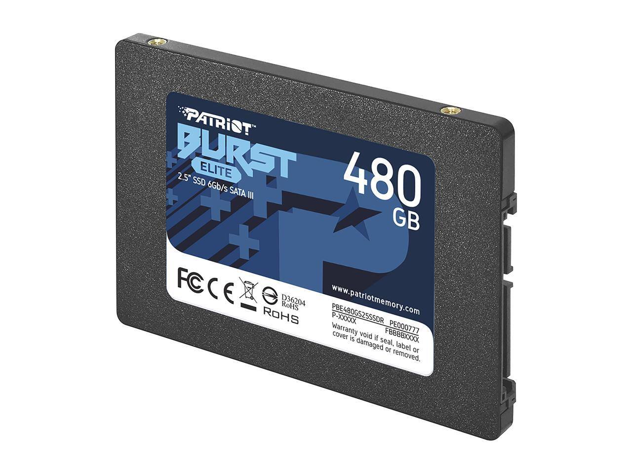 PATRIOT BURST 2.5" SSD ELITE 6Gb/s SATA III 480 GB  
FC CE ROHS  
D36204  
www.patriotmemory.com  
PBE480GS25SSDR -XXXX  
Warranty PE000777  
cover is void if seal, label or 10 1O removed.  
FBBBBXXXX