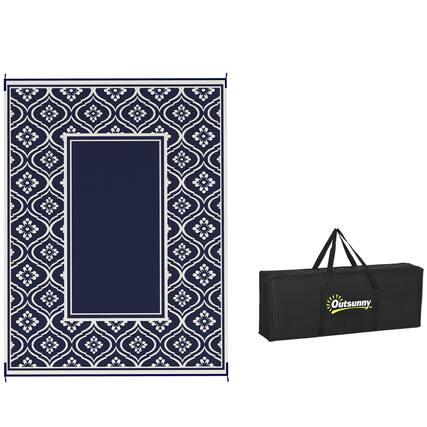 Front. Outsunny - Outdoor Rug for Patio, 9' x 12' Waterproof Large Mat, Reversible Plastic Straw Rug for Décor - Blue & White Gourd Border.