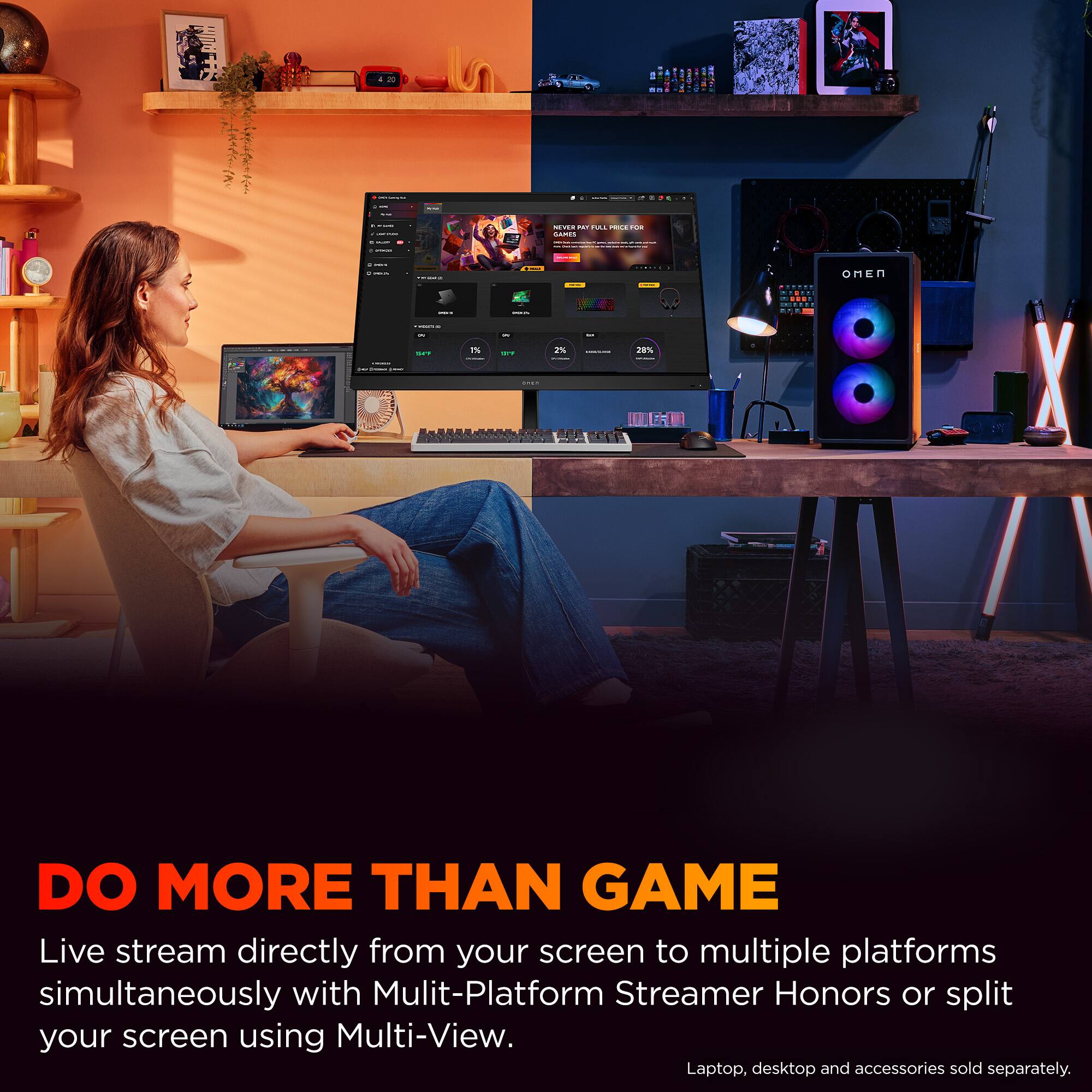 The text on the image is grouped and corrected as follows:

"Live stream directly from your screen to multiple platforms simultaneously with Multi-Platform Streamer Honors or split your screen using Multi-View. Laptop, desktop and accessories sold separately."