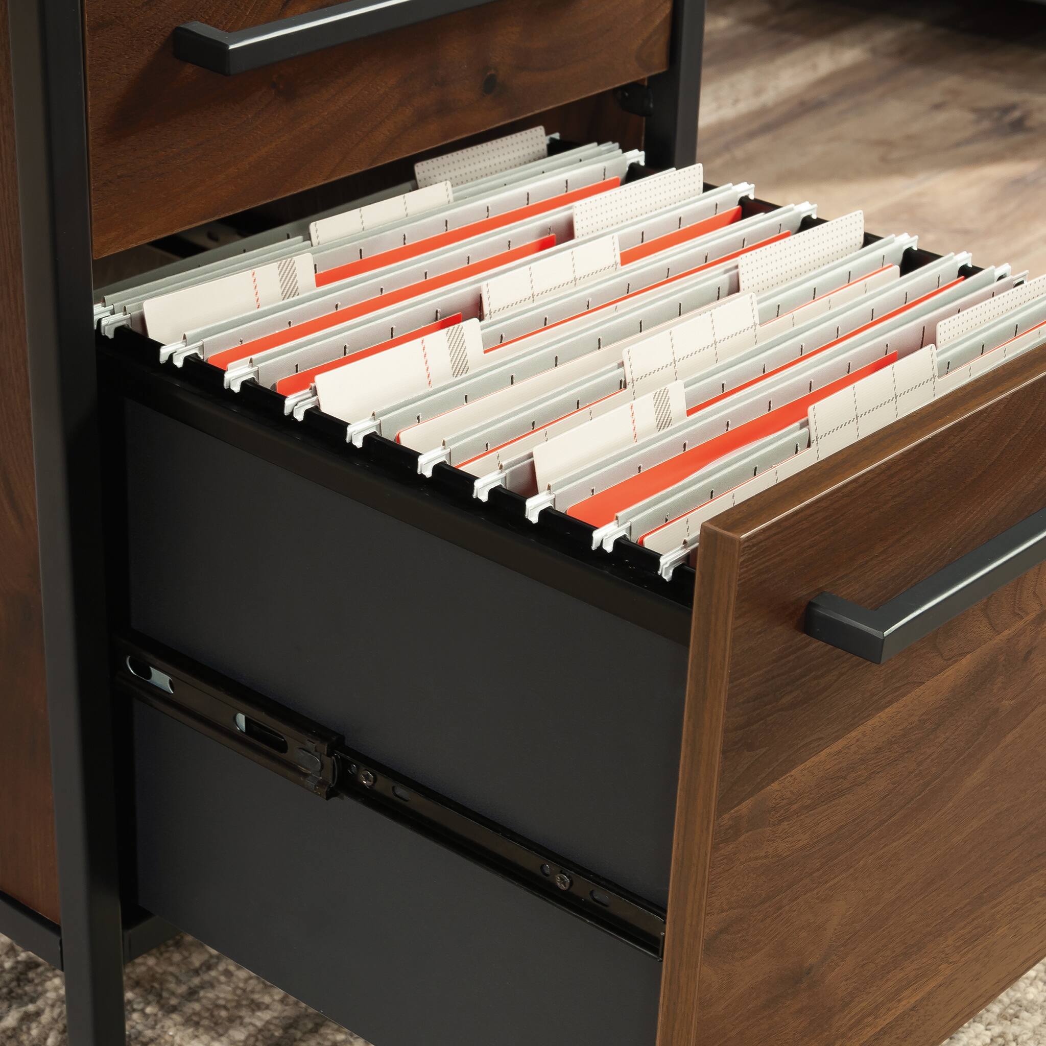 Alt View 5. Spaco - Mid Century Computer Desk with File Drawer and Hidden Cubby, Metal Frame - Brown.